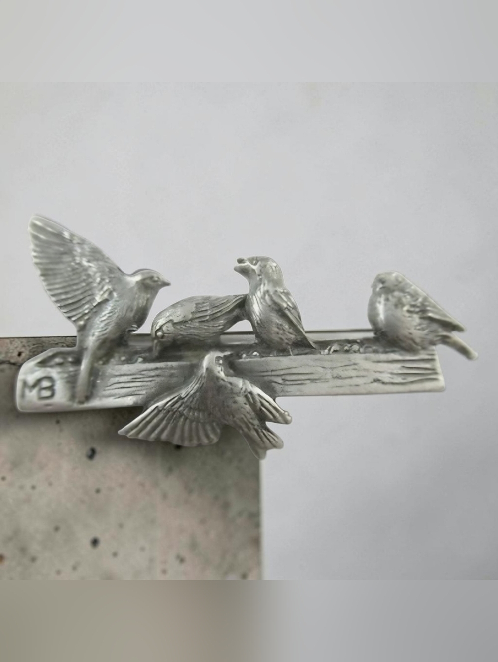 Vintage Signed M. Bastin 1999 Pewter Tone Bird Feeder Brooch